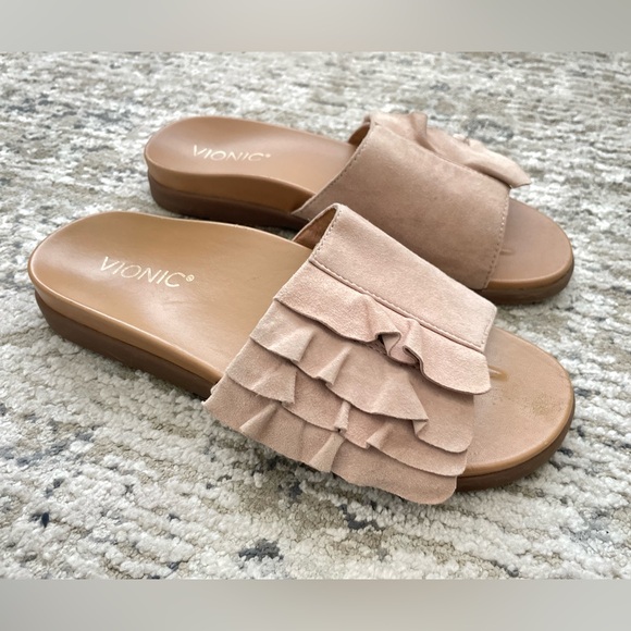 Vionic Roni Rose Suede Orthotic Slide Sandals Size 7.5 Ruffled Boho Comfort - Picture 2 of 8